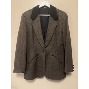 Vtg Pioneer Wear Wool Brown Herringbone Blazer Equestrian Rockabilly Womens 10